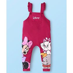 Babyhug Disney Terry Knit Dungaree & Full Sleeves T-Shirt With Disney Characters Graphics & Polka Dot Print - Fuchsia & White