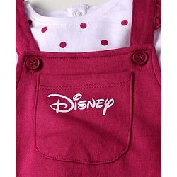 Babyhug Disney Terry Knit Dungaree & Full Sleeves T-Shirt With Disney Characters Graphics & Polka Dot Print - Fuchsia & White