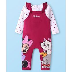 Babyhug Disney Terry Knit Dungaree & Full Sleeves T-Shirt With Disney Characters Graphics & Polka Dot Print - Fuchsia & White