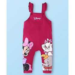 Babyhug Disney Terry Knit Dungaree & Full Sleeves T-Shirt With Disney Characters Graphics & Polka Dot Print - Fuchsia & White