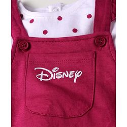Babyhug Disney Terry Knit Dungaree & Full Sleeves T-Shirt With Disney Characters Graphics & Polka Dot Print - Fuchsia & White