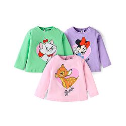 Babyhug Disney Single Jersey Knit Full Sleeves T-Shirts with Minnie & Bambie Graphics Pack of 3 - Pink Green & Purple