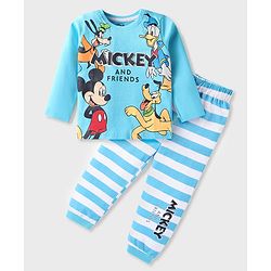 Babyhug Disney Single Jersey Knit Full Sleeves Night Suit with Striped & Mickey Mouse Print - Light Blue