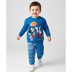 Babyhug Disney  Terry Knit Full Sleeves T-Shirt & Lounge Pants Set With Mickey Mouse & Friends Graphics - Blue