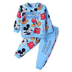 Babyhug Disney Terry Knit Full Sleeves Mickey Mouse Printed T-Shirt & Lounge Pant Set - Light Blue