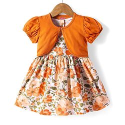 Babyhug Cotton Woven Frock & Half Sleeves Jacket With Floral Print - Orange