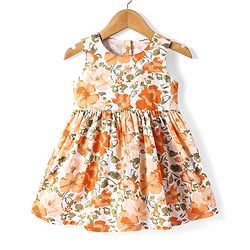 Babyhug Cotton Woven Frock & Half Sleeves Jacket With Floral Print - Orange
