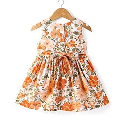 Babyhug Cotton Woven Frock & Half Sleeves Jacket With Floral Print - Orange
