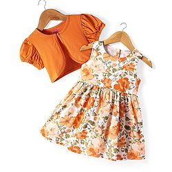 Babyhug Cotton Woven Frock & Half Sleeves Jacket With Floral Print - Orange