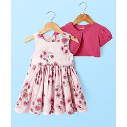 Babyhug Cotton Woven Puffed Sleeves Jacket & Frock with Floral Print - Pink