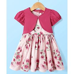 Babyhug Cotton Woven Puffed Sleeves Jacket & Frock with Floral Print - Pink