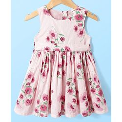 Babyhug Cotton Woven Puffed Sleeves Jacket & Frock with Floral Print - Pink
