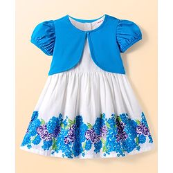 Babyhug Cotton Knit Half Puffed Sleeves Shrug & Floral Printed Frock - Blue & White