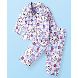 Babyhug Disney  Single Jersey Knit Full Sleeves Front Open Night Suit With Marie Graphics - White & Pink