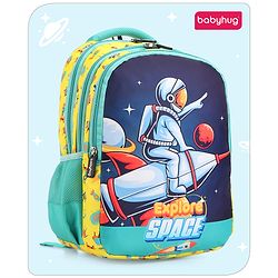 Babyhug Explore Space School Backpack|2 Main Compartments, 1 Front Pocket, 2 side Bottle Pockets|Water Resistant|Long lasting and Durable Zippers | Comfortable back cushioning | For School, Travel and Outdoors|Yellow- 16inches