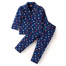 Babyhug Cotton Knit Full Sleeves Star Printed Night Suit - Navy Blue