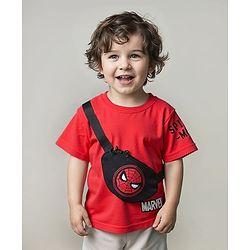 Babyhug Marvel Terry Knit Oversize Drop Shoulder Light Weight T-Shirt With Functional Bag Applique - Red