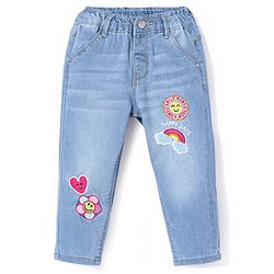 Babyhug Denim Full Length Jeans With Stretch & Text Embroidery - Blue
