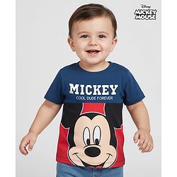 Babyhug Disney Single Jersey Knit Half Sleeves Cut & Sew T-Shirt with Mickey Mouse Graphics - Navy Blue