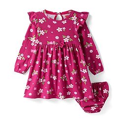 Babyhug Cotton Knit Full Sleeves Frock With Floral Print & Bloomer - Fuchsia