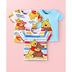 Babyhug Disney Single Jersey Knit Half Sleeves T-Shirts with Winnie the Pooh Graphics & Stripes Pack of 3 - White & Light Blue
