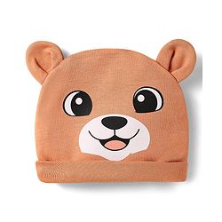 Babyhug 100% Cotton Interlock Knit Cap With Bear Print & Ear Applique Tan - Diameter 10 cm