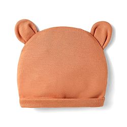 Babyhug 100% Cotton Interlock Knit Cap With Bear Print & Ear Applique Tan - Diameter 10 cm