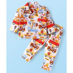 Babyhug Cotton Knit Full Sleeves Front Open Night Suit Vehicle Print - Orange White