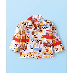 Babyhug Cotton Knit Full Sleeves Front Open Night Suit Vehicle Print - Orange White