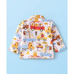 Babyhug Cotton Knit Full Sleeves Front Open Night Suit Vehicle Print - Orange White