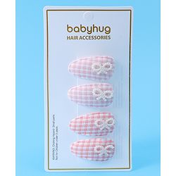 Babyhug Free Size Snap Clips With Checkered Patten and Bow Applique - PInk & White