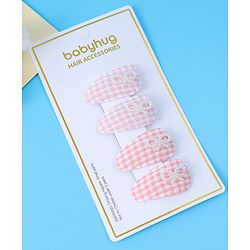 Babyhug Free Size Snap Clips With Checkered Patten and Bow Applique - PInk & White