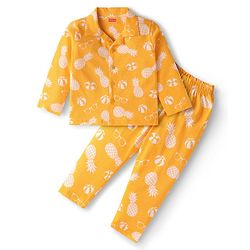 Babyhug Cotton Knit Full Sleeves Front Open Night Suit with Pineapple Print - Yellow