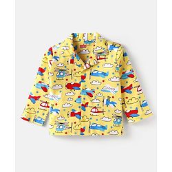Babyhug Cotton Knit Full Sleeves Front Open Night Suit with Airplane Print - Yellow