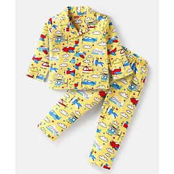 Babyhug Cotton Knit Full Sleeves Front Open Night Suit with Airplane Print - Yellow