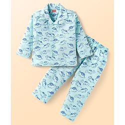 Babyhug Cotton Knit Full Sleeves Night Suit with Dino Print - Light Blue