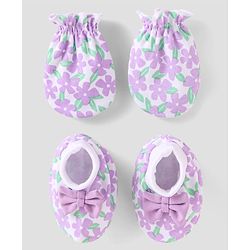 Babyhug 100% Cotton Knit Mittens & Booties with Floral Print - Purple