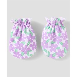 Babyhug 100% Cotton Knit Mittens & Booties with Floral Print - Purple