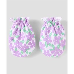 Babyhug 100% Cotton Knit Mittens & Booties with Floral Print - Purple