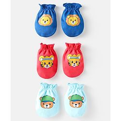 Babyhug 100% Cotton Knit Mittens with Animal Prints Pack of 3 - Blue & Red