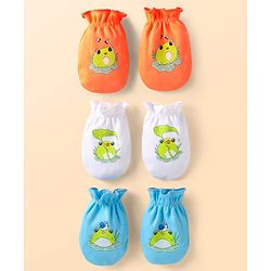 Babyhug Interlock Knit Mittens With Frog Print Pack of 3 - White Blue & Orange
