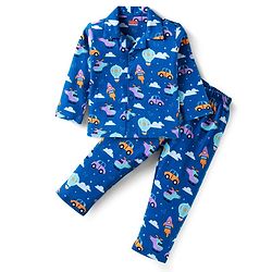 Babyhug Cotton Knit Full Sleeves Night Suit With Vehicle Print - Blue