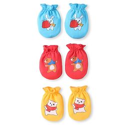 Babyhug 100% Cotton Knit Mittens with Bear Print Pack of 3 - Light Blue Red & Yellow