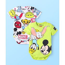Babyhug Disney Interlock Knit Half Sleeves Onesies With Disney Character Detailing Pack of 2 - Green & White