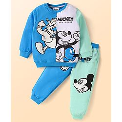 Babyhug Disney Cotton Knit Full Sleeves Cut & Sew T-Shirt & Lounge Pant Set with Mickey & Friends Graphics - Blue & Light Green