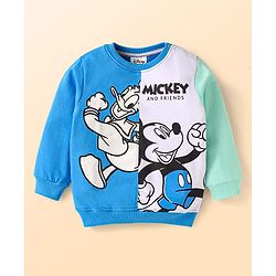 Babyhug Disney Cotton Knit Full Sleeves Cut & Sew T-Shirt & Lounge Pant Set with Mickey & Friends Graphics - Blue & Light Green