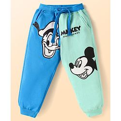 Babyhug Disney Cotton Knit Full Sleeves Cut & Sew T-Shirt & Lounge Pant Set with Mickey & Friends Graphics - Blue & Light Green