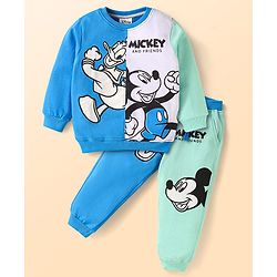 Babyhug Disney Cotton Knit Full Sleeves Cut & Sew T-Shirt & Lounge Pant Set with Mickey & Friends Graphics - Blue & Light Green