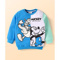Babyhug Disney Cotton Knit Full Sleeves Cut & Sew T-Shirt & Lounge Pant Set with Mickey & Friends Graphics - Blue & Light Green
