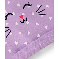 Babyhug 100% Cotton Interlock Knit Cap Mittens & Booties Set With Cat Face Print Purple - Diameter 10 cm